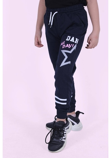 Yıldız Detaylı Yazı Baskılı Kız Çocuk Eşofman Altı Lacivert