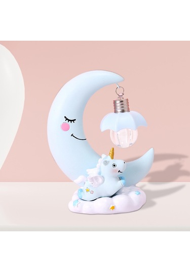 Homyl Unicorn Ay Gece Lambası Karikatür Led Yatak Odası Ev Mavi Çok Renkli