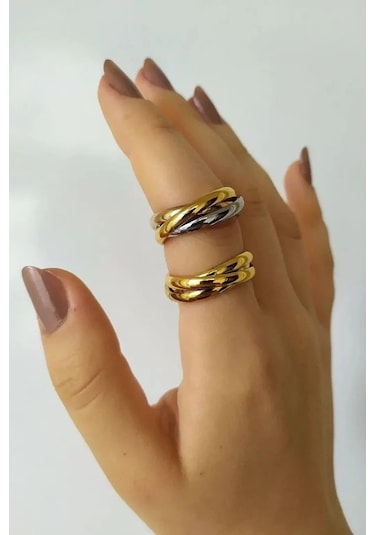 Takı Dükkanı Trinity 3lü Birbirine Geçmeli Sarmal Çelik Stres Yüzük Cl44 Sarı
