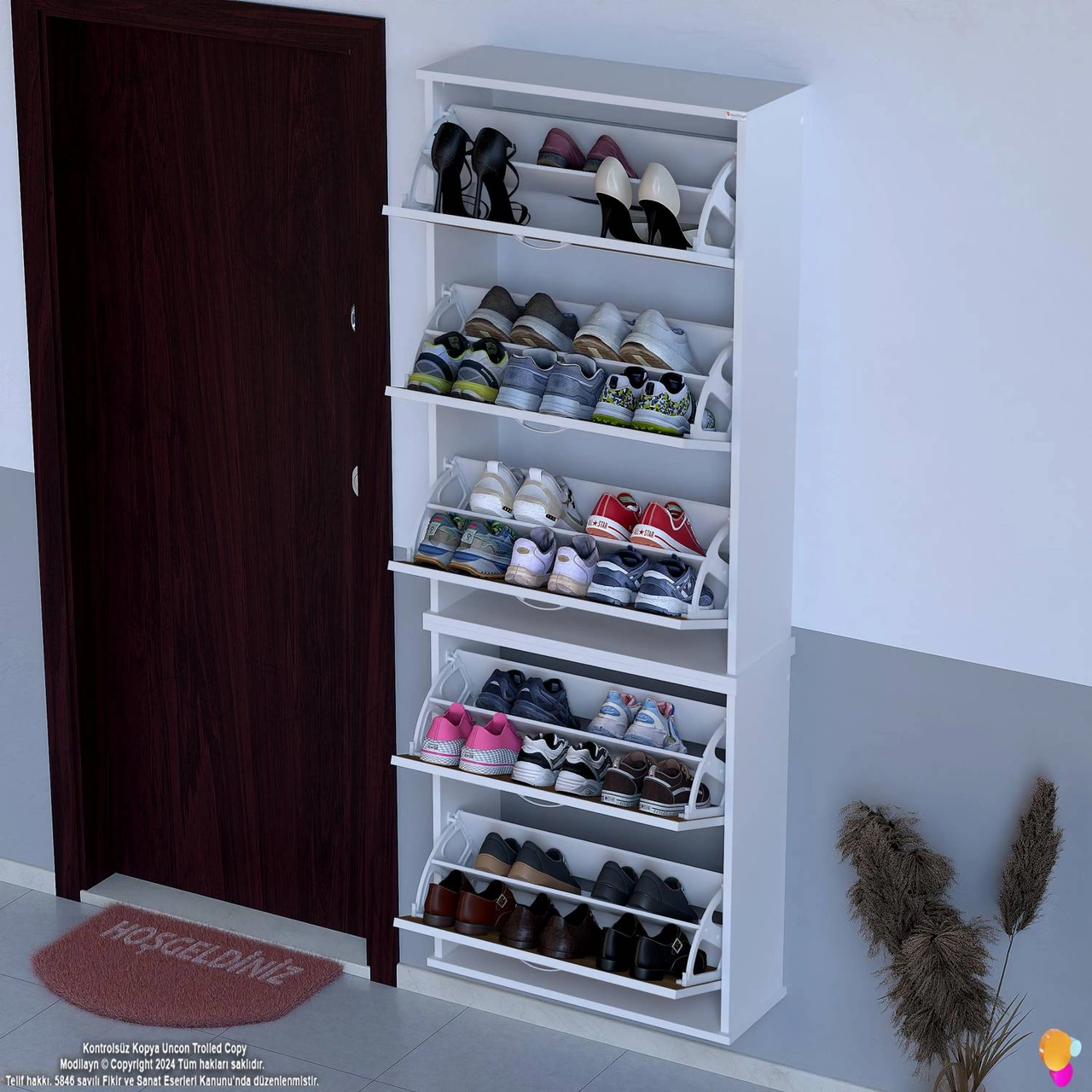 Asil 2 Li Ceviz Renk Asma Ayakkabılık Kapı Önü 5 Düşer Kapak 10 Göz Bölme Ayakkabılık 72x193x26 Cm Ceviz