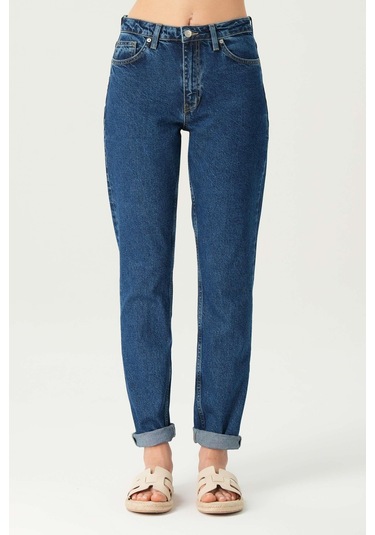 Orta Mavi Yüksek Bel Patı Fermuarlı Slim Fit Jean Pantolon C 4934-009 Mavi