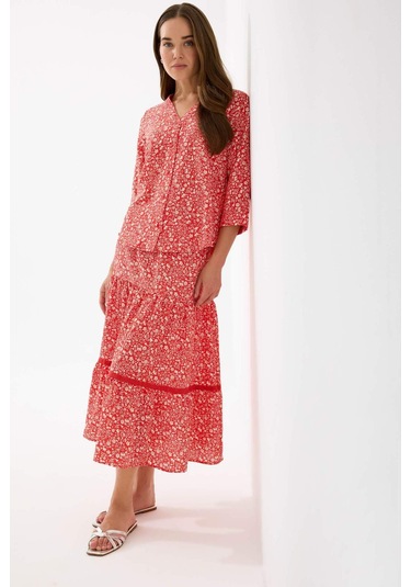 DeFacto Regular Fit Çiçek Desenli Esnek Belli Kiloş Midi Etek E5958AX25SPRD87