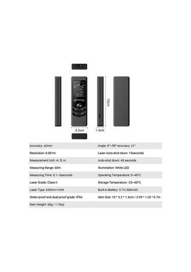 Pazly Mini El Telemetre Dijital Lazer Mesafe Ölçüm Cihazı Siyah