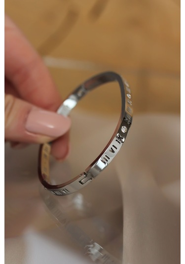 Zarif Bilekler İçin Roma Rakamlı Silver Çelik Bilezik Kelepçe Gri