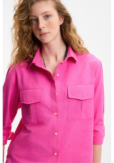 RIGO Kadın Gömlek Yaka Uzun Kol Regular Uzun İnce Fuşya Gömlek