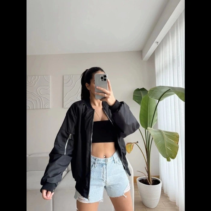 Buğrahayalin Unisex İçi Astarlı Düz Bomber Ceket - Siyah Siyah