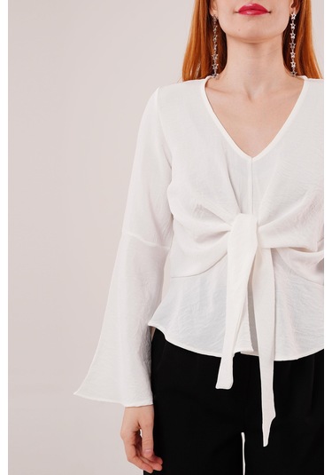 Soonaksesuar Ön Bağlamalı Volan Kol Beyaz Bluz Beyaz