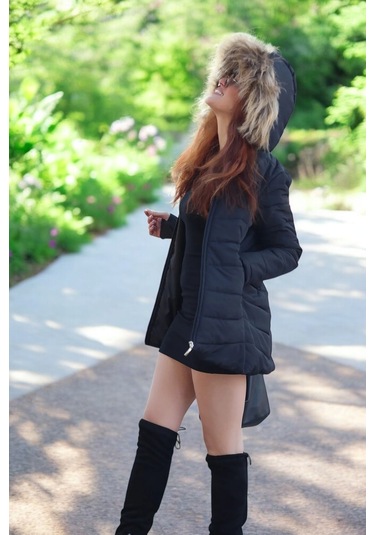 Eldiven Detaylı Siyah Kapüşonlu Orta Boy Kürklü Şişme Mont Co121syh1 Siyah