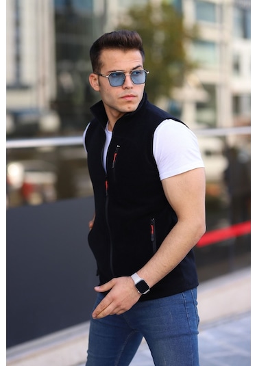 Kozik 3 Çepli Günlük Rahat Fermuarlı Erkek Kolsuz Polar Yelek Siyah