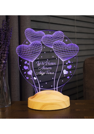 3D Led Lamba 3 Boyutlu Anneler Günü Kişiye Özel Balon Kalp Küre