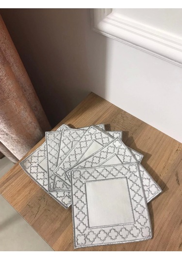 Nivemeshome Fas Nakışlı Gümüş Kare 6 Adet Keten Kokteyl Peçetesi Kahve Yanı Sunumluk Gümüş