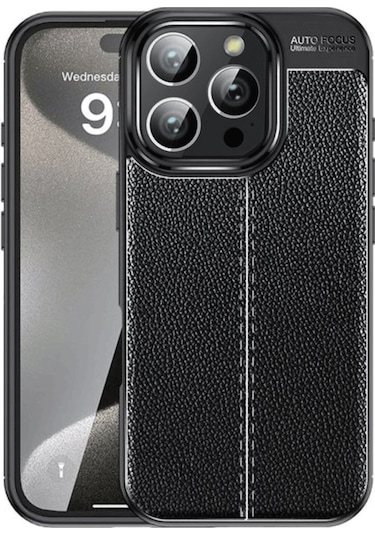 İphone Uyumlu 16 Pro Max Kılıf Focus Deri Desen Silikon Arka Kapak Siyah