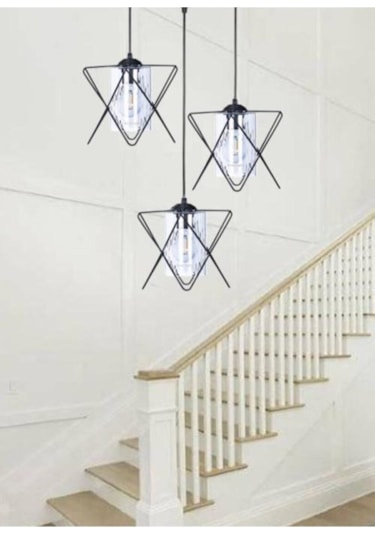 Trend Kitchen 3 Adet Özel Tasarım Zigzag Siyah Sarkıt Avize Şeffaf Mika Siyah