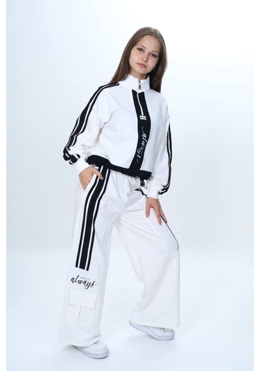 Kız Çocuk 2 İplik Yarım Fermuarlı Garnili Eşofman Takımı %100 Pamuk Rahat Kalıp-325 Ekru