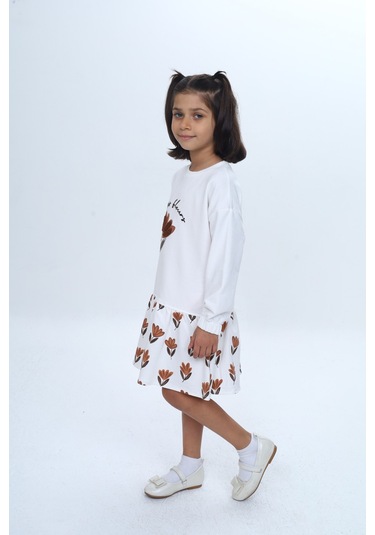 Toontoy Kız Çocuk Süzene Nakışlı Lale Baskılı Elbise Ekru