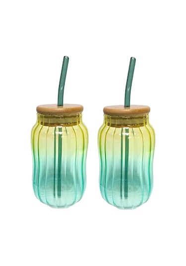 2'li Emerald Bambu Kapaklı Pipetli Cam Bardak Isıya Dayanıklı New Still Yesil