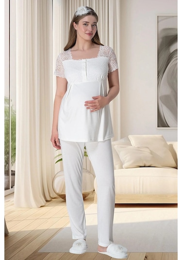 Mecit Pijama Mecit 6010 Ekru Dantelli Hamile Lohusa Pijama Takımı