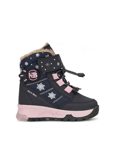 Günlük Kız Çocuk Kar Botu Cırtlı Lastik Bağcıklı Kürklü Kar Desenli Kalın Tırtıklı Taban Bootie 014 Lacivert-pudra