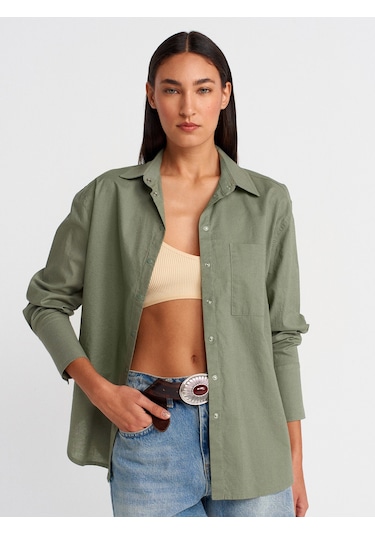 Dilvin 50497 Uzun Kollu Oversize Keten Gömlek-yeşil Yeşil