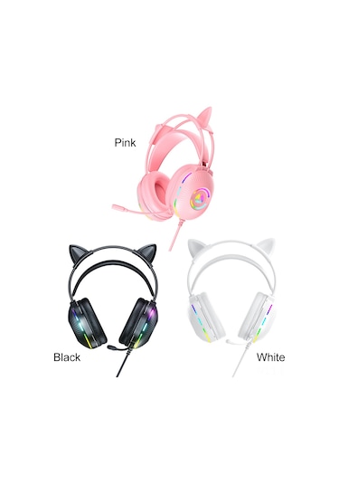 Lemestar Kedi Kulaklıklı Gaming Kulaklık, 7.1 Stereo, Gürültü Engelleme Mikrofonlu, Rgb Işık Efekti, 50mm Sürücü, Usb+3.5mm Bağlantı, Beyaz
