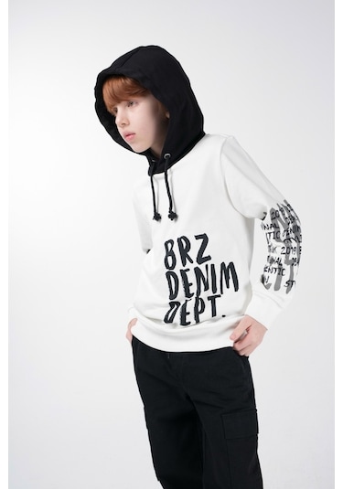 Brz Kids Ekru Renk Baskılı Erkek Çocuk Kapüşonlu Sweatshirt Beyaz