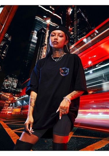 Kadın Siyah Oversize Kızgın Ayı Baskılı T-shirt Siyah-67345
