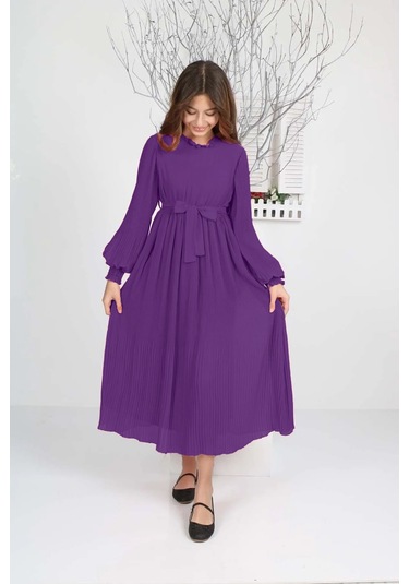 Kız Çocuk Uzun Boydan Pliseli Şifon Elbise Mor