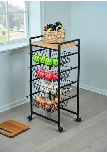 Dekoratif Tekerlekli Metal Sebzelik 4 Tel Sepetli Çam Ahşap Raflı Çok Amaçlı Stand Siyah