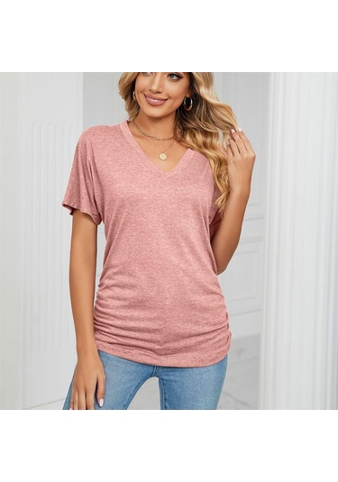 Bordo Hnxc Kadın Moda Günlük Yaz Düz Renk Baskı Kısa Kollu V Yaka Bluzlar Ve Gömlekler Bordo