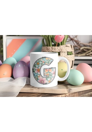 G Harfli Pastel Çiçek Desenli Kahve Kupası - Kişiye Özel Çiçekler Koleksiyonu Bardak - Hediye Beyaz