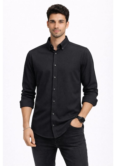 Classics Men Plus Barkod Uzun Kol Slim Fit Erkek Gömlek - 7579 Siyah