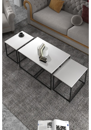 Orta Sehpa Ve Zigon Yan Sehpa Flora Set Beyaz Beyaz