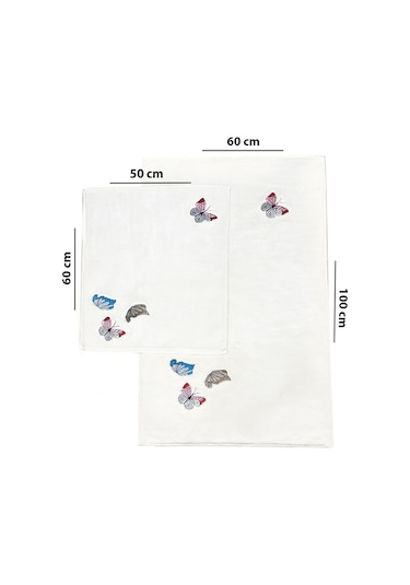 Beolle Ekru 2li Kelebek Nakışlı Pamuklu Banyo Paspası Renkli