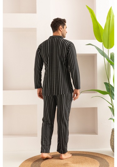 Erkek Jakarlı Düğmeli Pamuk Pijama Takımı- Çizgili Erkek Pijama Lacivert