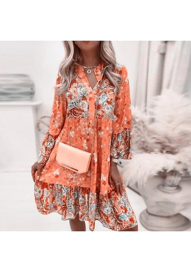 Novahub Kadın V Yaka Volan Baskılı Şifon Günlük Elbise Turuncu - M Turuncu