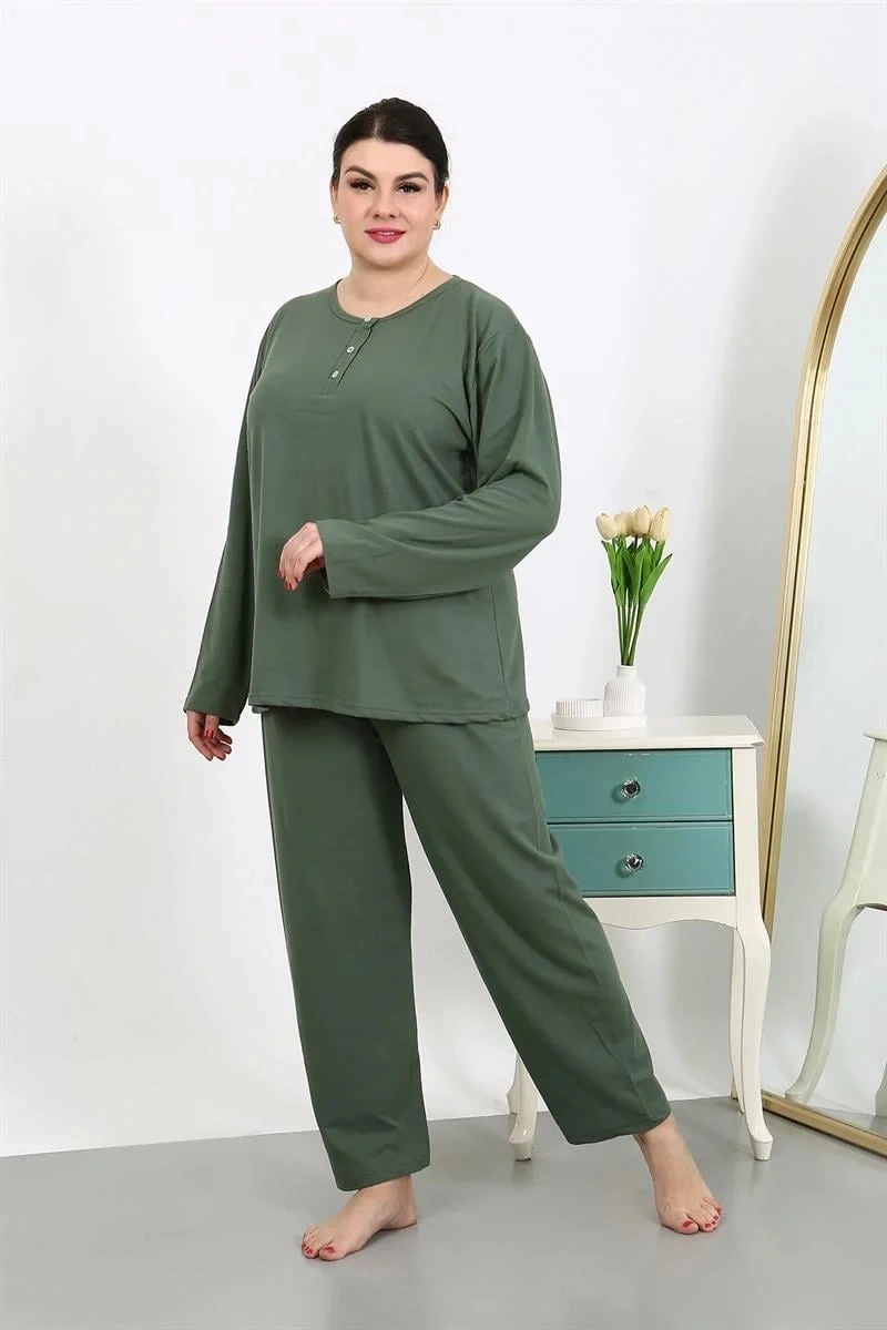 Moda Kadın Büyük Beden Uzun Kol Penye Pijama Takımı Haki Haki