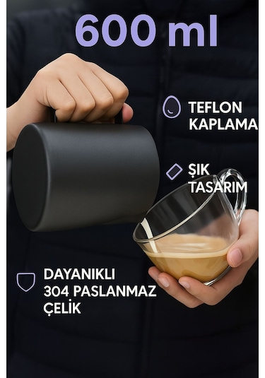 304 Çelik 600 Ml Siyah Teflon Kaplama Kahve Süt Köpürtme Potu Sütlük Pitcher