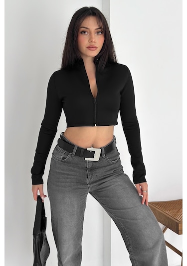 Kadın Fermuarlı Crop Ceket Dinamik & Modern Stil Siyah