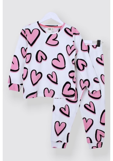 Zuzunga Kalp Desenli Fitilli İnterlok Kumaş %100 Pamuk Kız Çocuk Pijama Takımı Beyaz Zuzunga Kalp Desenli Fitilli İnterlok Kumaş %100 Pamuk Kız Çocuk Pijama Takımı Beyaz