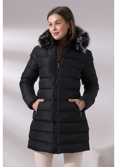 Tals Moda Siyah Renk Kapişonlu Peluşlu Kadın Montu Siyah