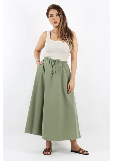 Kadın Alya Haki Cepli Poplin Etek Haki