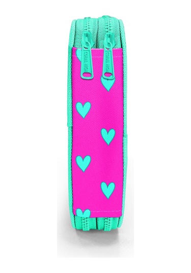Coral High Kids Neon Pembe Su Yeşili Kalp Desenli Çift Katlı Kalem Çanta 11133 Pembe