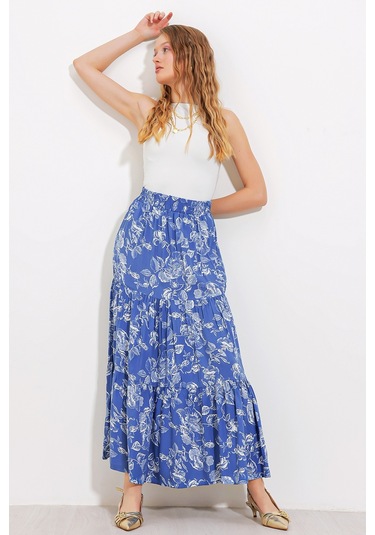 Kadın İndigo Desenli Uzun Viskon Etek 1898 1898bgd19-043-14688 001