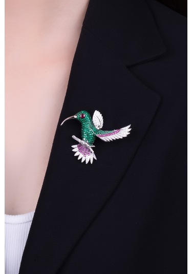 Cennet Kuşu 18 Ayar Beyaz Altın Kaplama Gümüş Broş Beyaz