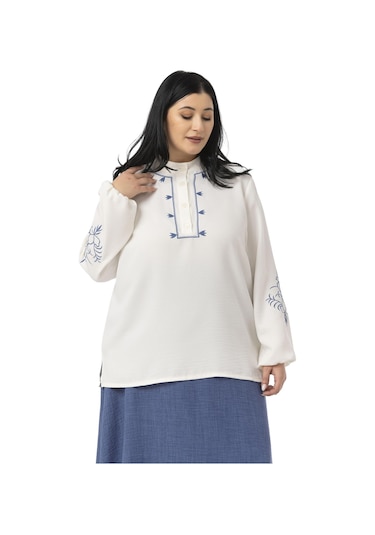 Büyük Beden Nakış Detaylı Bluz Etek İndigo İkili Takım İndigo