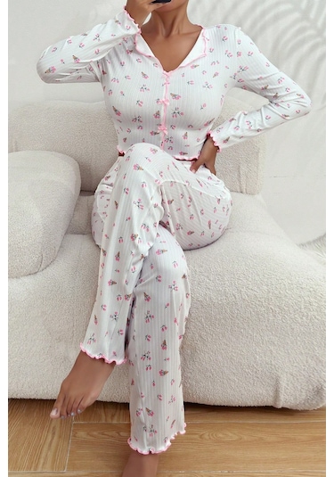 Merry See Baskılı Özel Kumaş Pijama Takımı Beyaz