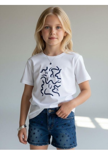 Zekids Kız Çocuk Soyut Baskılı Basic T-shirt-16972 Renkli
