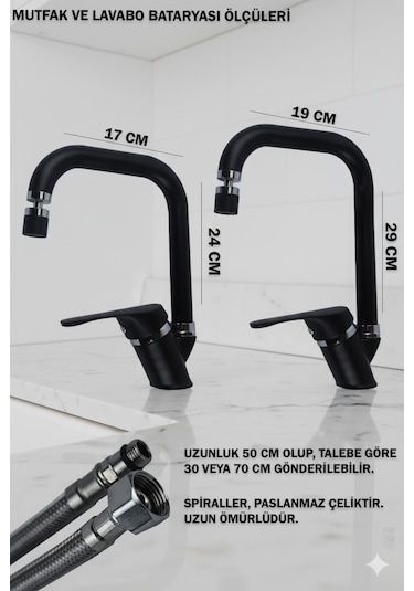 8962 Mutfak Lavabo Banyo Bataryası Robot Duş Takımı Köşe Borulu Musluk Armatür Siyah Beyaz Krom Renkler Siyah - Krom