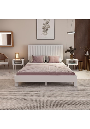 Alaz Model Beyaz Renk Çam Ahşap Karyola Ve İki Komodin Set Dikey -298 90 x 190