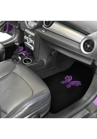 Kelebek Desenli Mor Nakışlı 5 Parça Siyah Oto Halı Paspas Seti Kadın Sürücülere Özel Şık Tasarım